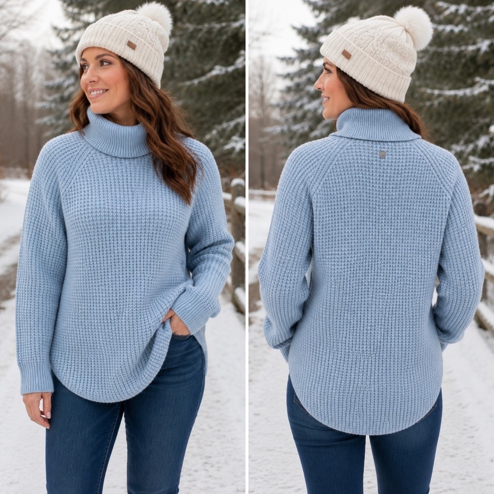 Kuhl Sienna Cowl Neck Sweater Medium Blue Heather Chunky Knit Pullover Round Hem